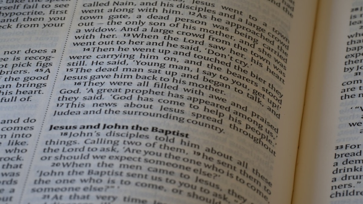 A close up of an open book on a table